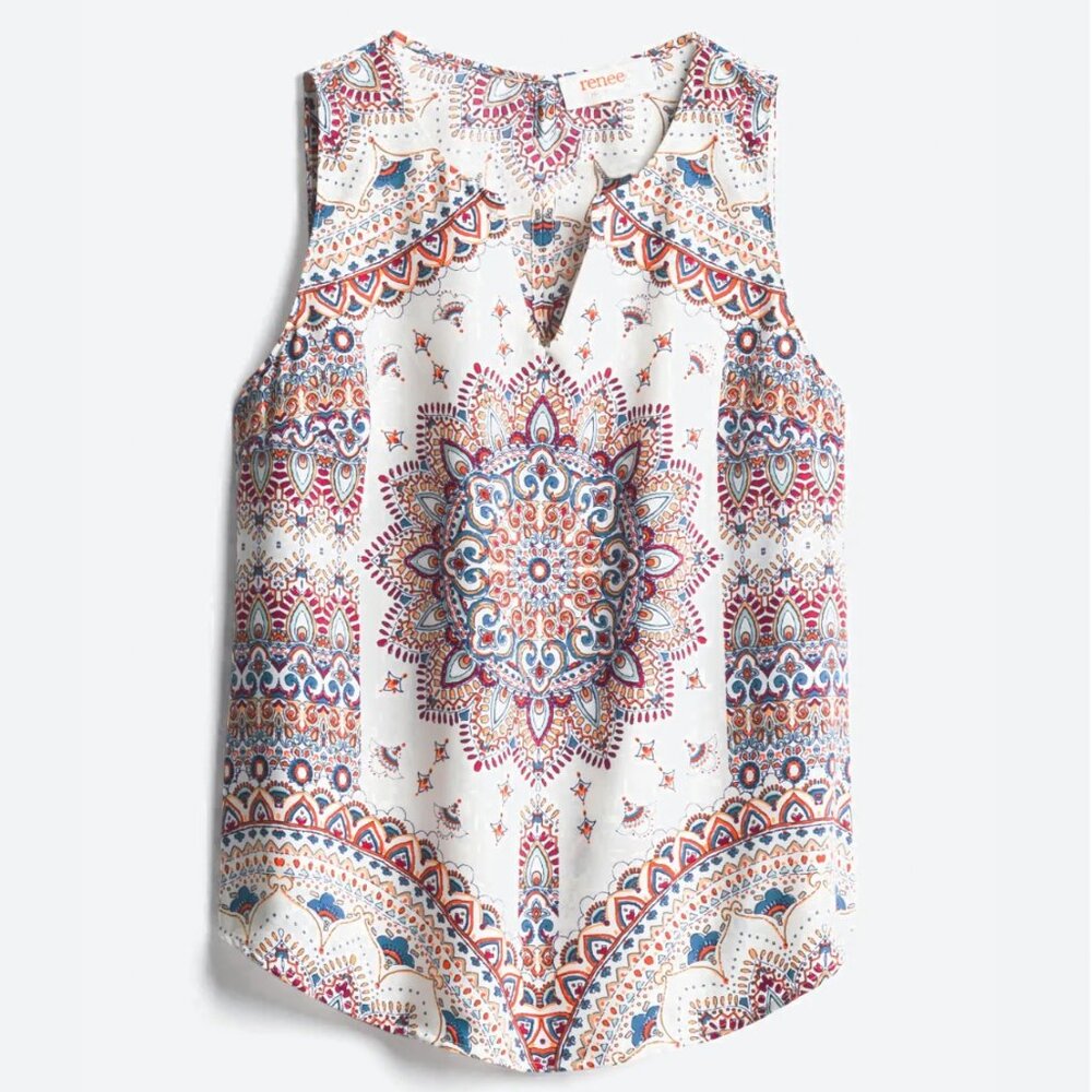 Split Neck Graphic Print Sleeveless Top "Jory" by RENEE C size L NEW